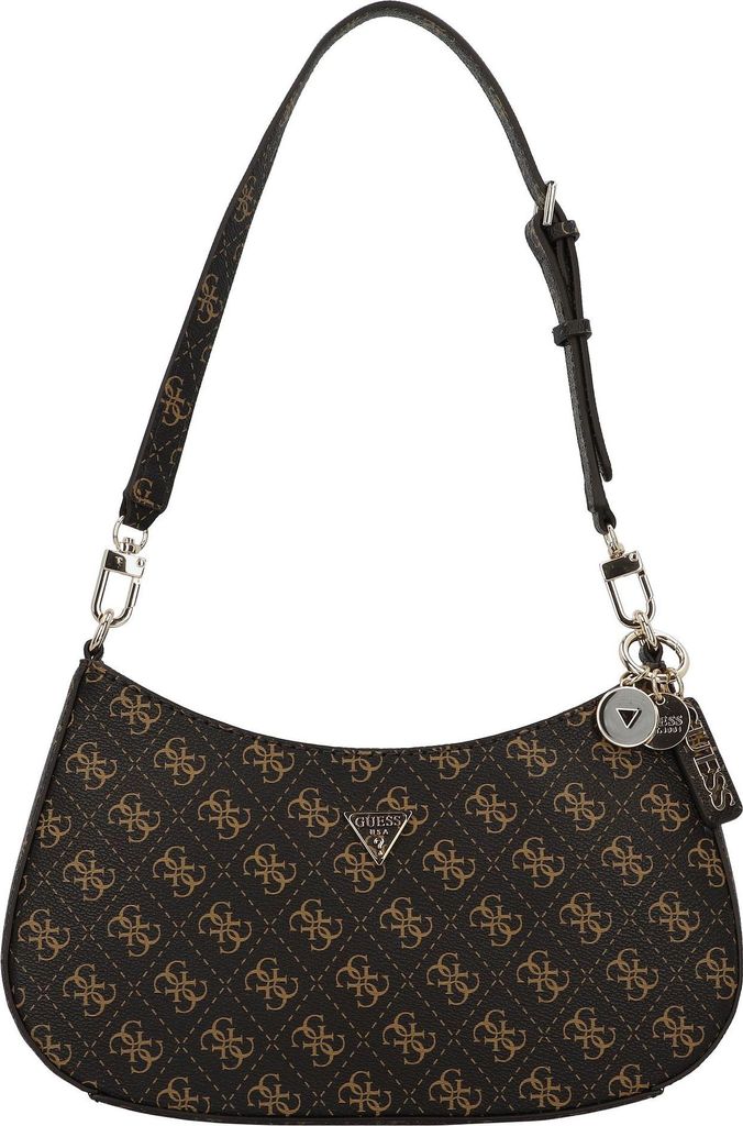 A brown Guess shoulder bag with a repeating logo pattern is shown against a white background.