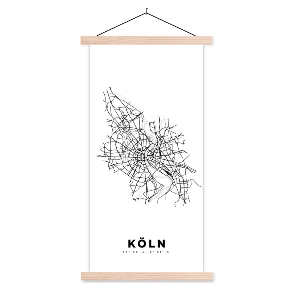 MuchoWow Textilposter Schwarz und weiß - Deutschland - Karte - Stadtplan - Köln 40x80 cm mit holzfarbenen Rahmen - Wohnzimmer