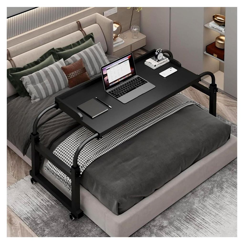 Überbetttisch mit 4 Rollen, höhenverstellbar, 65–95 cm, Rolltisch, medizinischer Tisch, Computer-Arbeitsplatz für Doppelbetten