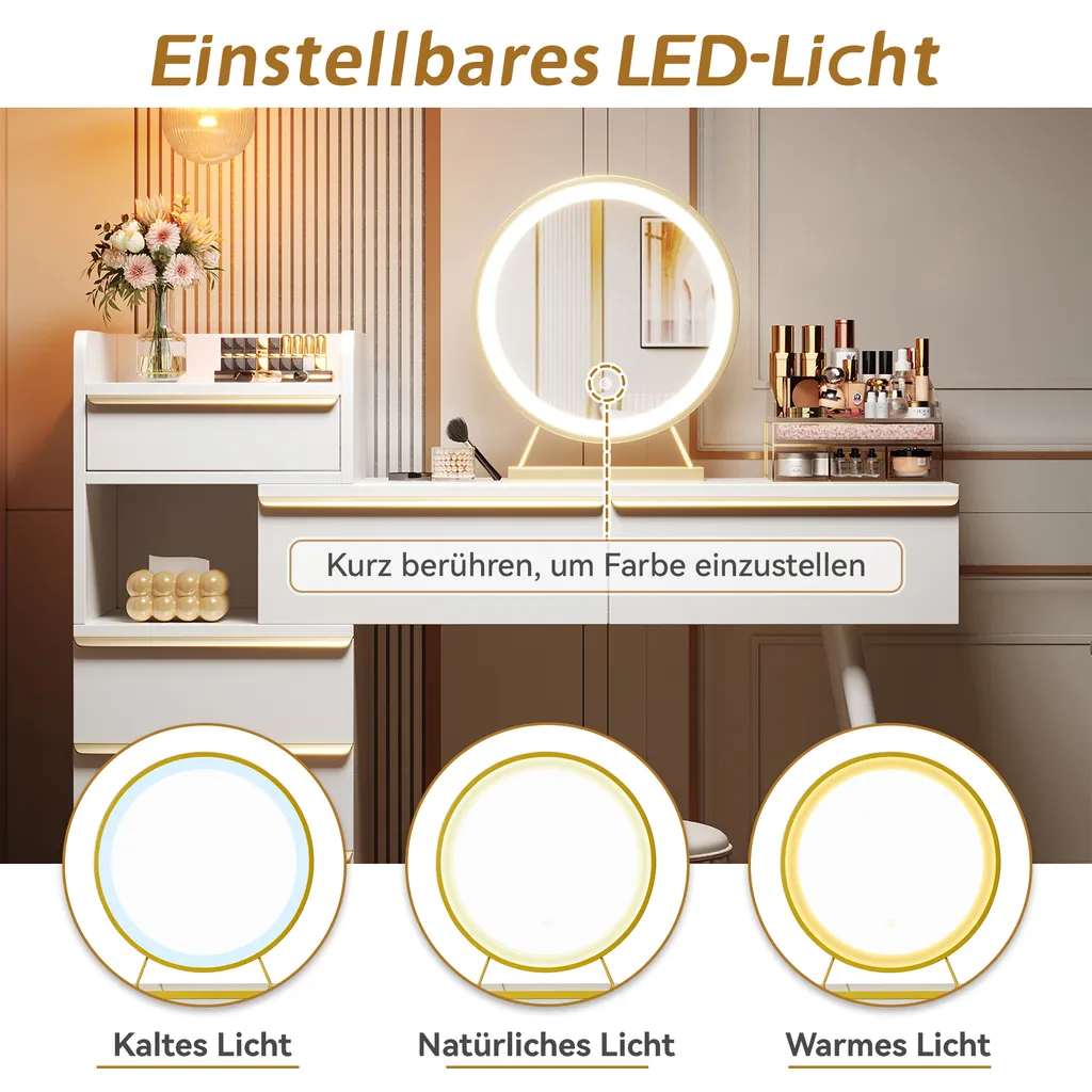 Flieks Coiffeuse Blanche avec Miroir LED, Commode et 6 Tiroirs de Rangement - 5