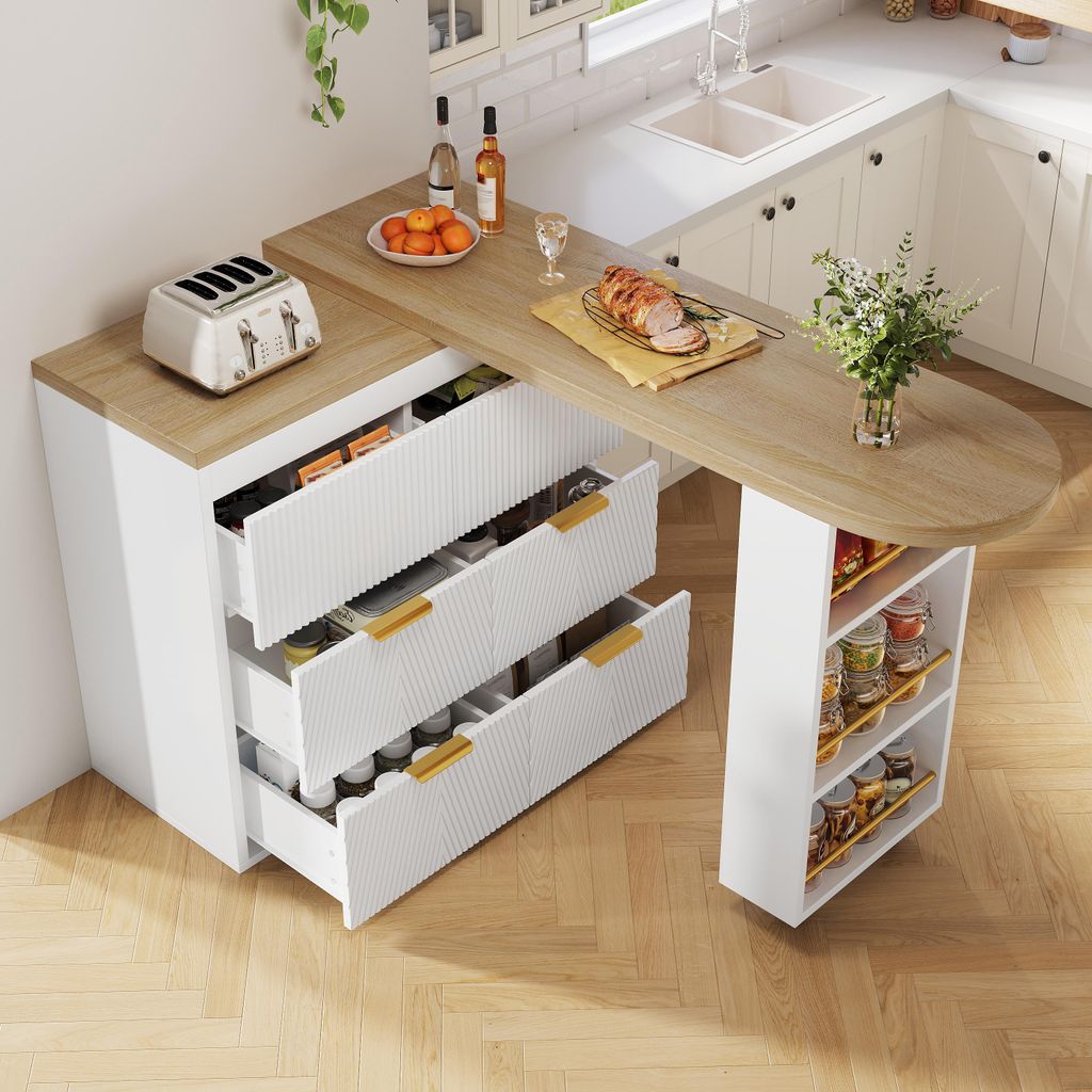 okwish Küchenbuffet Bartisch Ausziehbar mit 6 Schubladen 360 Grad Drehbar mit Kippsicherung Für Küche und Wohnzimmer Weiß