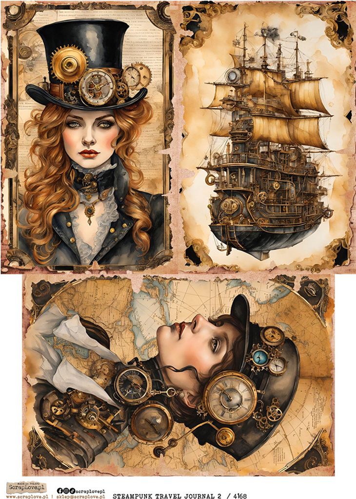 Reispapier Decoupage Bastelpapier A4 - Scraplove - Steampunk Travel Journal 2