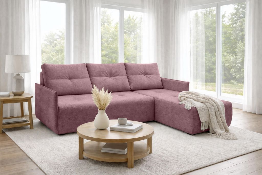 AX LIVING Ecksofa Damascus Rosa mit Schlaffunktion Bettkasten Schlafsofa 212 cm rechts
