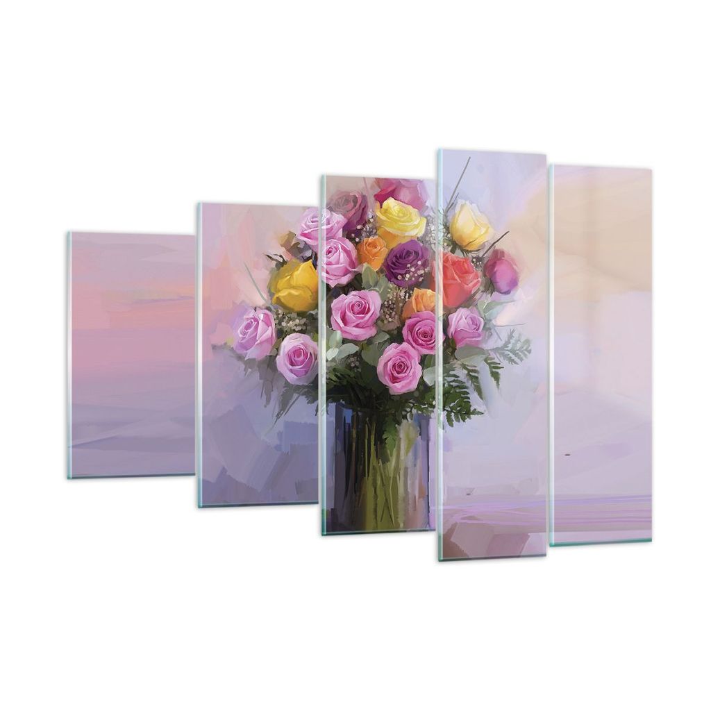 Bilder auf glas - 5 Teile - Blumen Vase Grafiken - 150x100cm - Glasbilder - Wandbilder - Bilder - zum Aufhängen bereit - Wanddekoration aus Glas -...