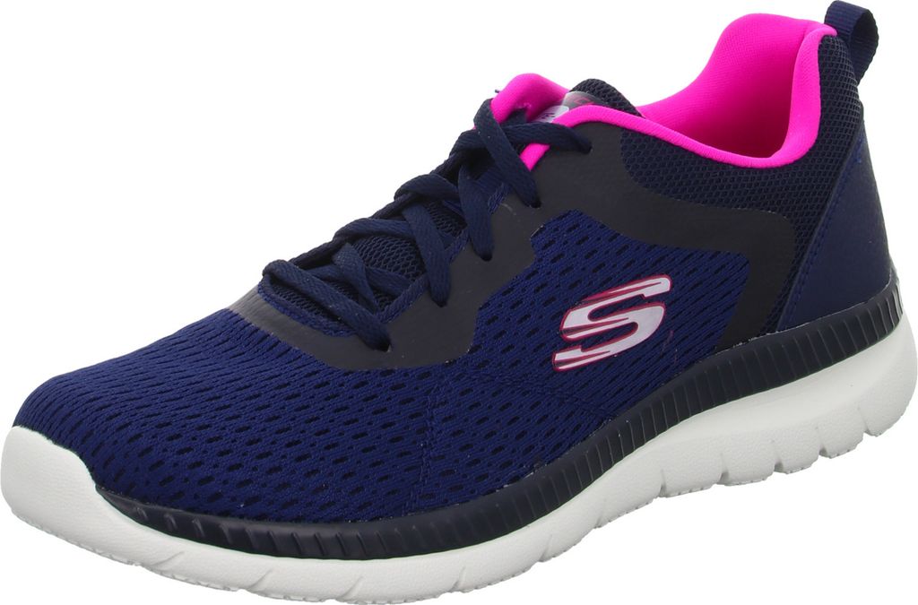 A single navy and hot pink Skechers athletic shoe is shown against a white background.