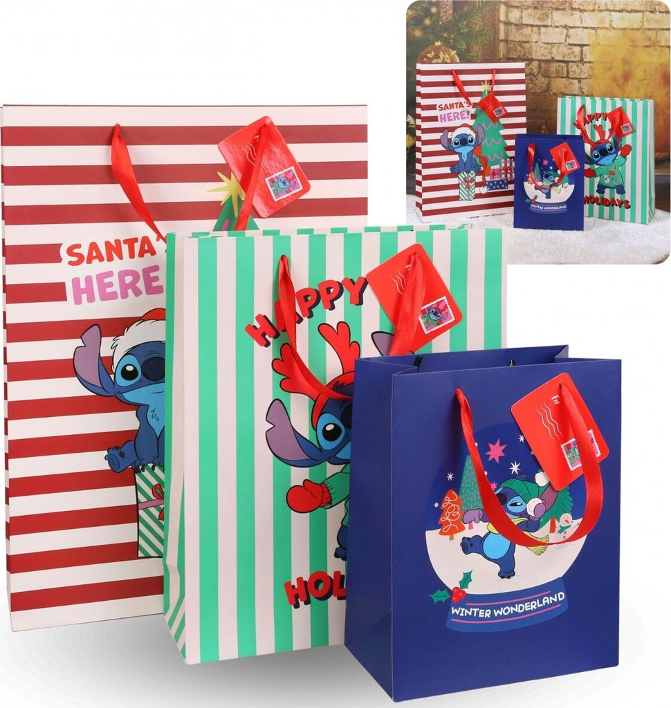 Vánoční dárkové tašky Stitch Disney, dárkové tašky 3 kusy Obrázek produktu 
