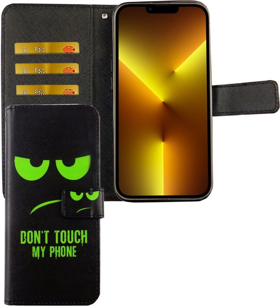 Apple iPhone 13 Pro Max Tasche Handy Hülle Schutz-Cover Flip-Case mit Kartenfach, Farbe:Dont Touch My Phone Grün