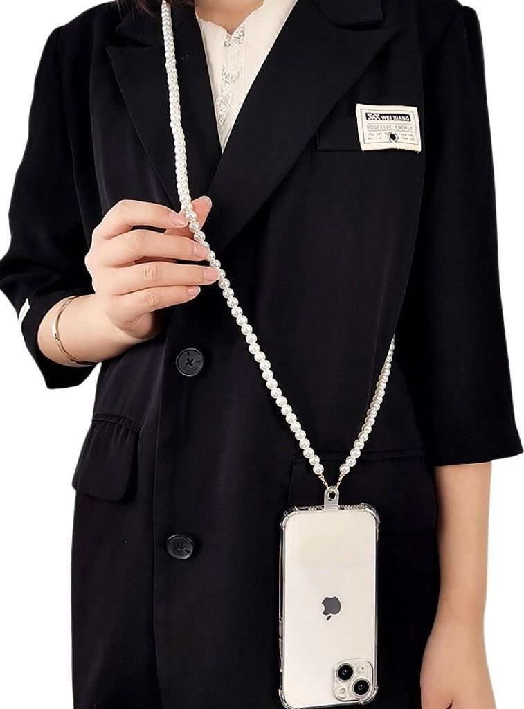 Eleganter Telefon-Anhänger mit Perlenkette, weiß, Länge 120 cm