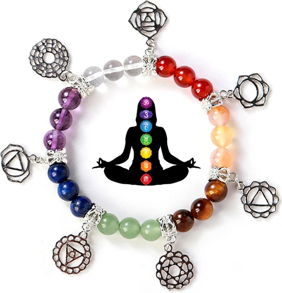 Chakra-Armband Natursteine mit Anhängern Buntes 7-Chakren-Symbol