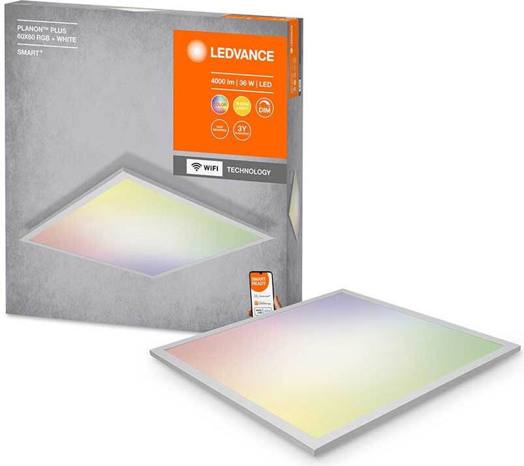 A product box and a LED panel are displayed on a white background. The LED panel is illuminated with a rainbow of colors.