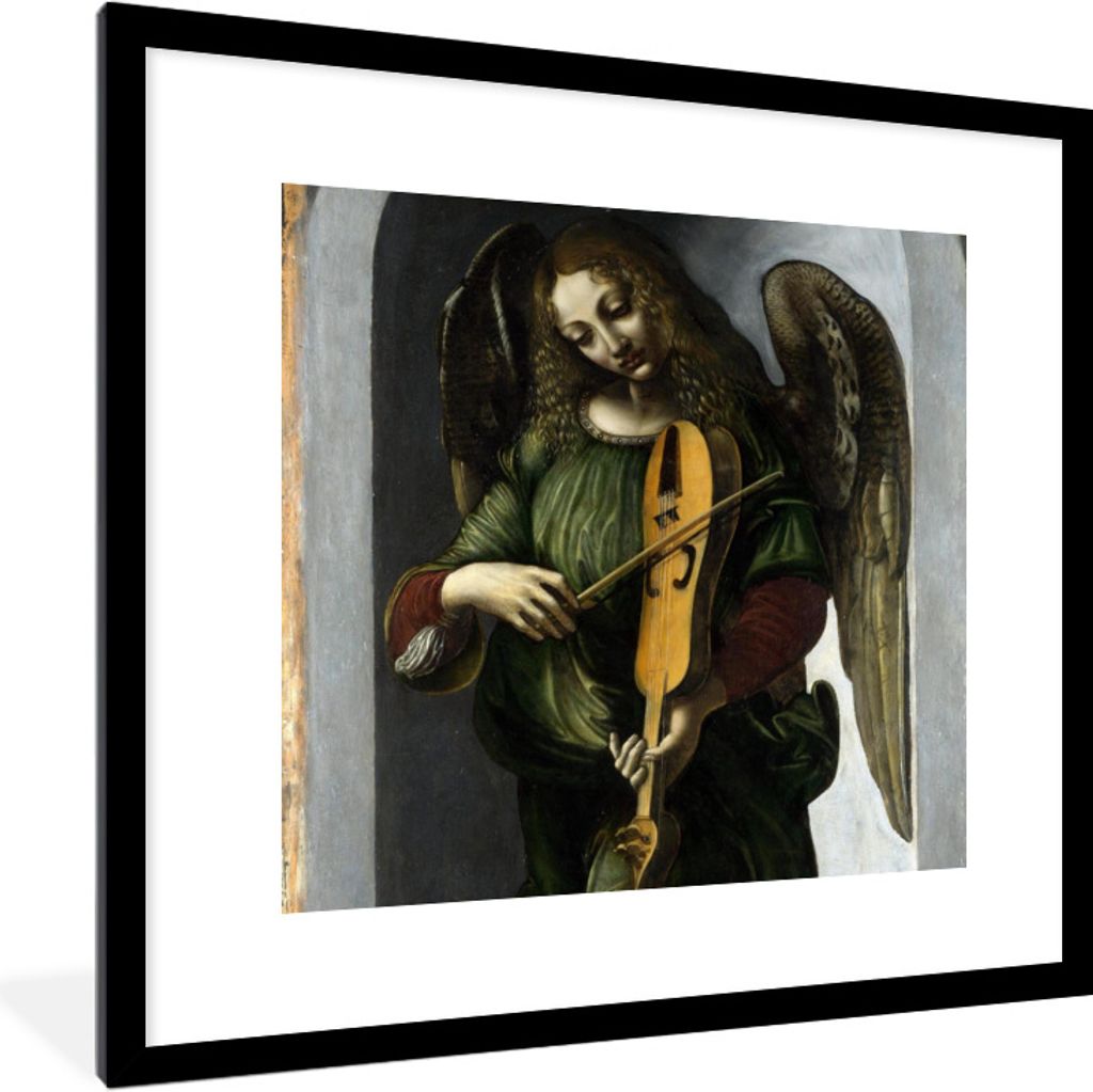 MuchoWow Gerahmtes Poster Ein Engel in Grün mit einer Fahne - Leonardo da Vinci 40x40 cm - Poster mit Schwarzem Bilderrahmen Wandposter Rahmen F...
