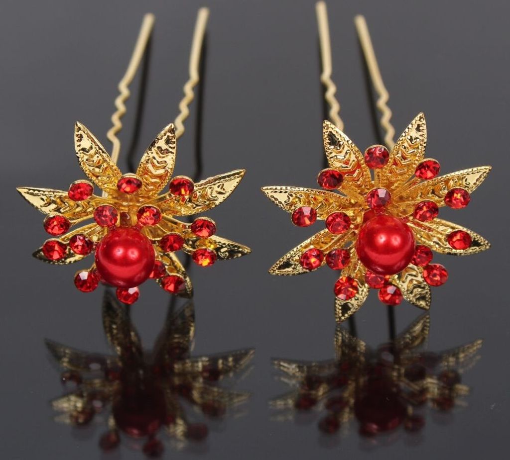 2 Haarnadeln Perlen Strass Blume Modell 4 rot gold Produktbild 