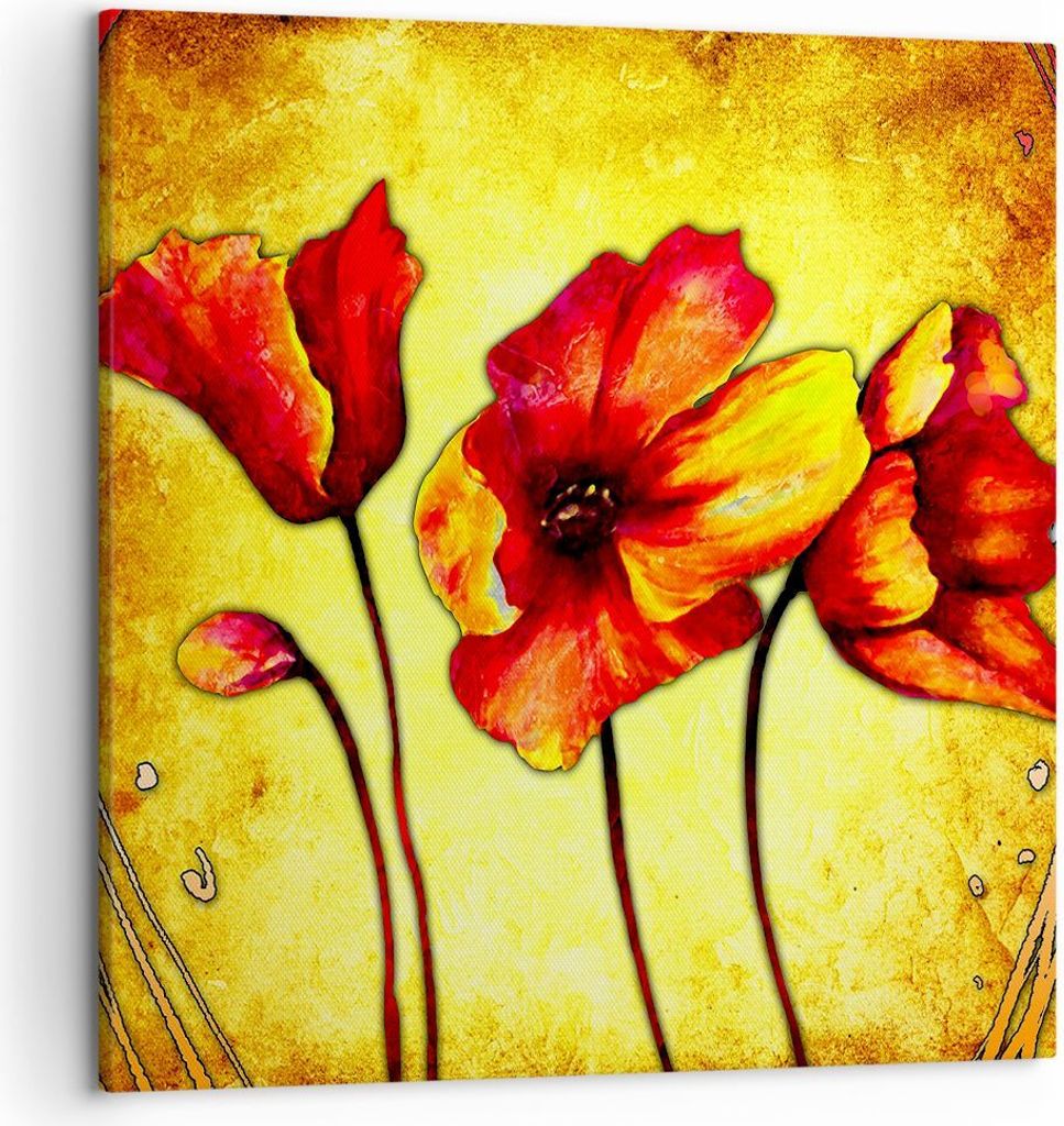 Bild auf Leinwand - Leinwandbild - Blumen Schilder Stiel Linien - 50x50cm - Wand Bild - Wanddeko - Leinwanddruck - Bilder - Kunstdruck - Wanddekora...