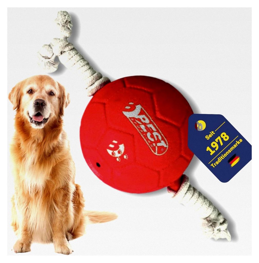 Hundespielzeug Ball mit Seil – Interaktives Tauziehspielzeug, 16 cm, Robustes Gummi, für kleine und mittelgroße Hunde, in Rot oder Blau