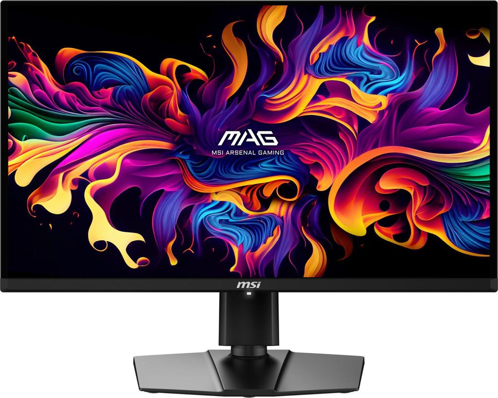 A computer monitor displaying a colorful abstract image.