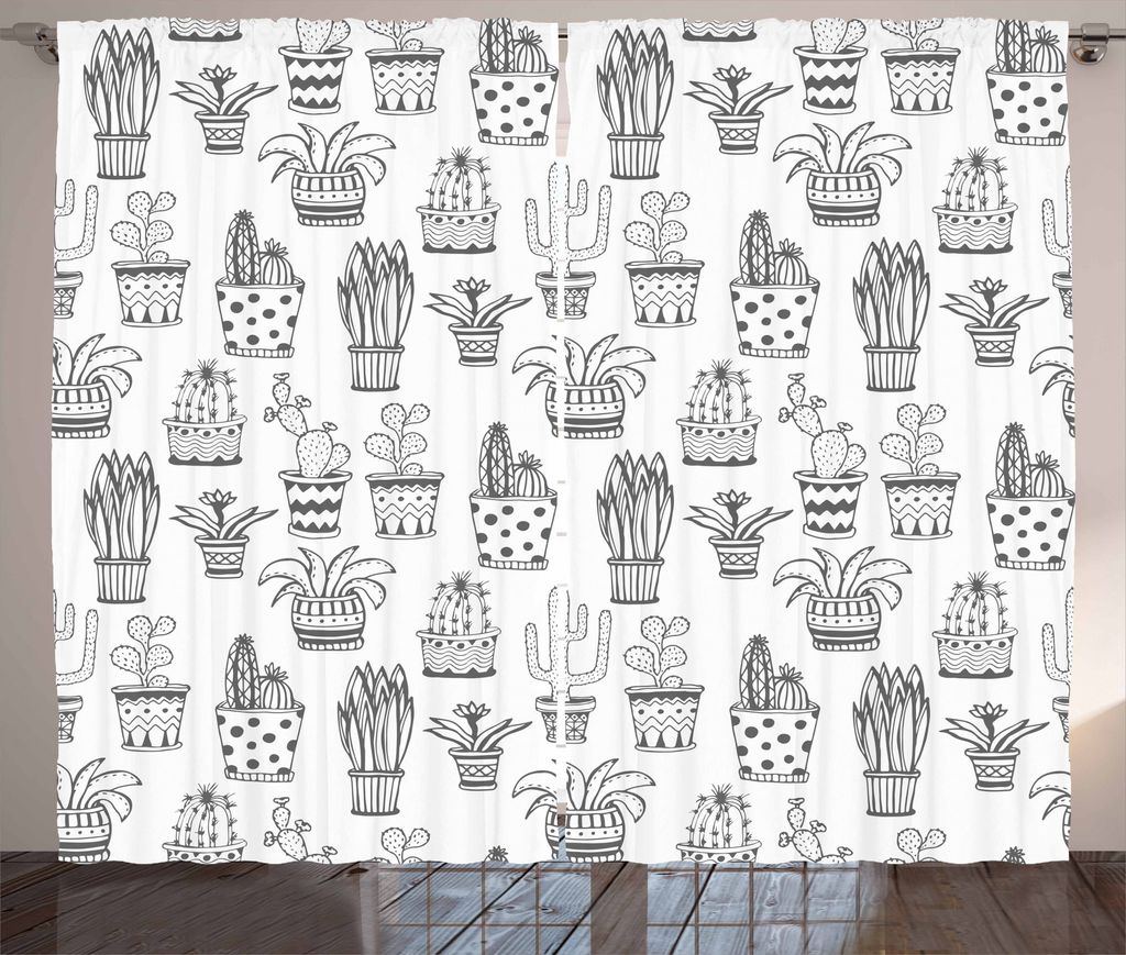 ABAKUHAUS Kaktus Rustikaler Gardine, Doodle Flora in Töpfe, Schlafzimmer Kräuselband Vorhang mit Schlaufen und Haken, 280 x 175 cm, Grau und Weiß