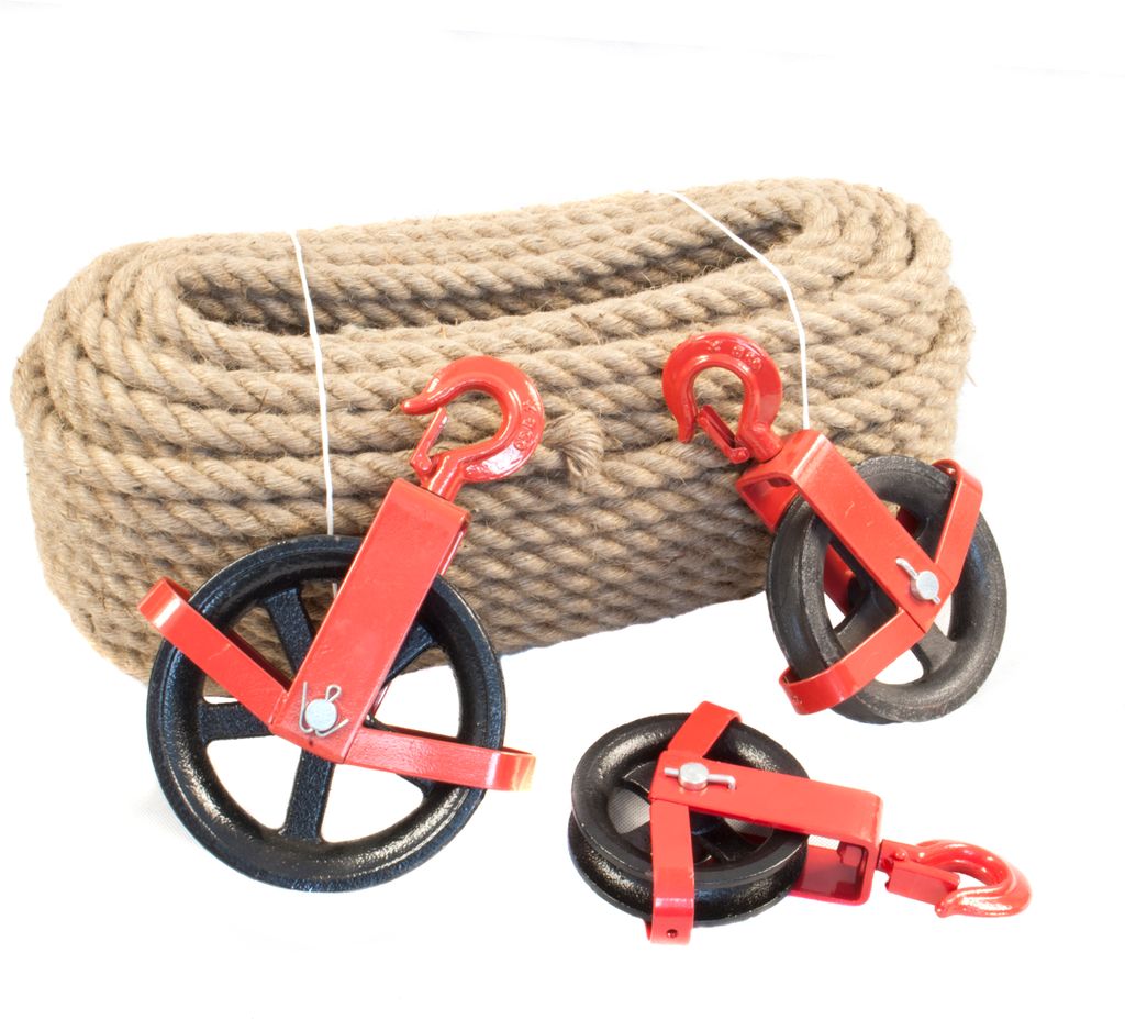 JUTESEIL + UMLENKROLLE 18mm 20 Meter 180mm Baurolle Seilzug Ösenhaken Seilwinde Flaschenzug