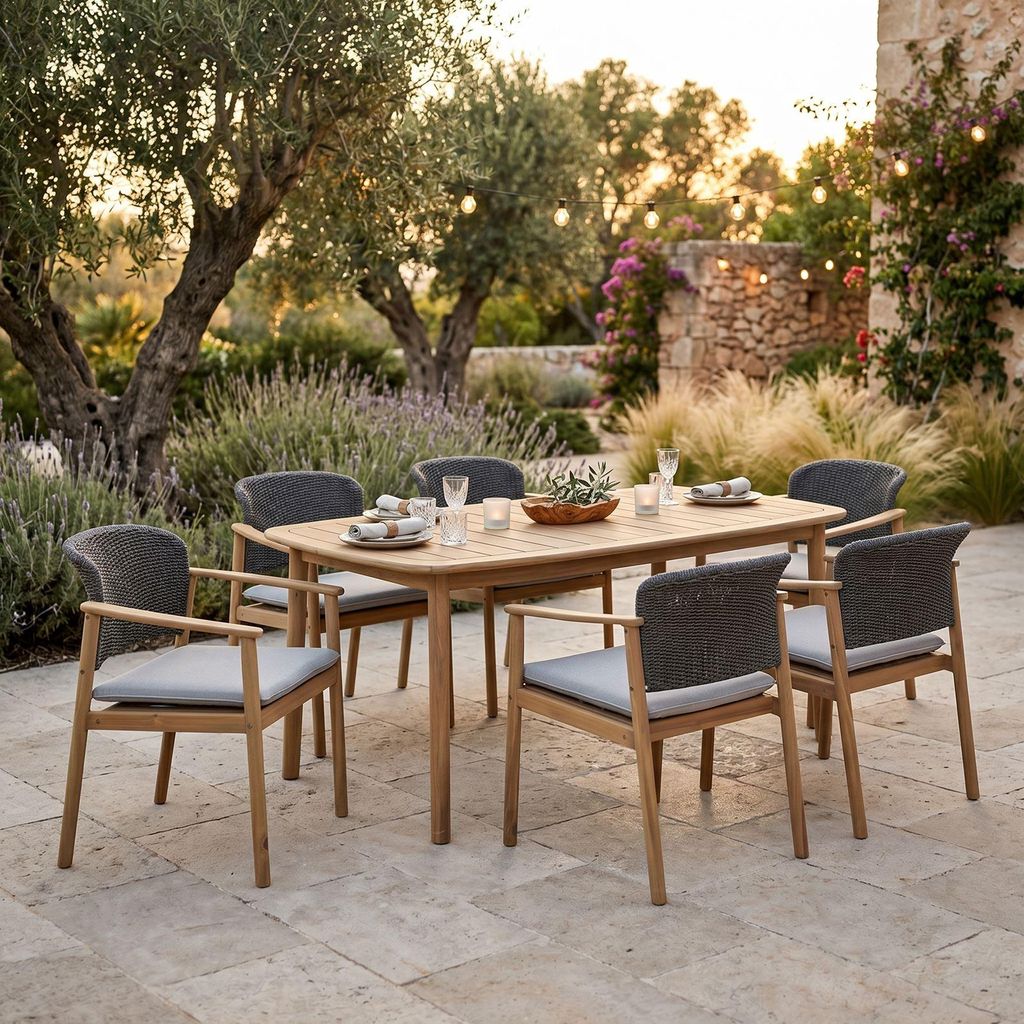 Gartenmöbel Set SURIN aus massivem Akazienholz, Natur/Grau – großzügiger Holztisch, 6 Gartenstühle inklusive Sitzkissen, Lehne mit stylischem...