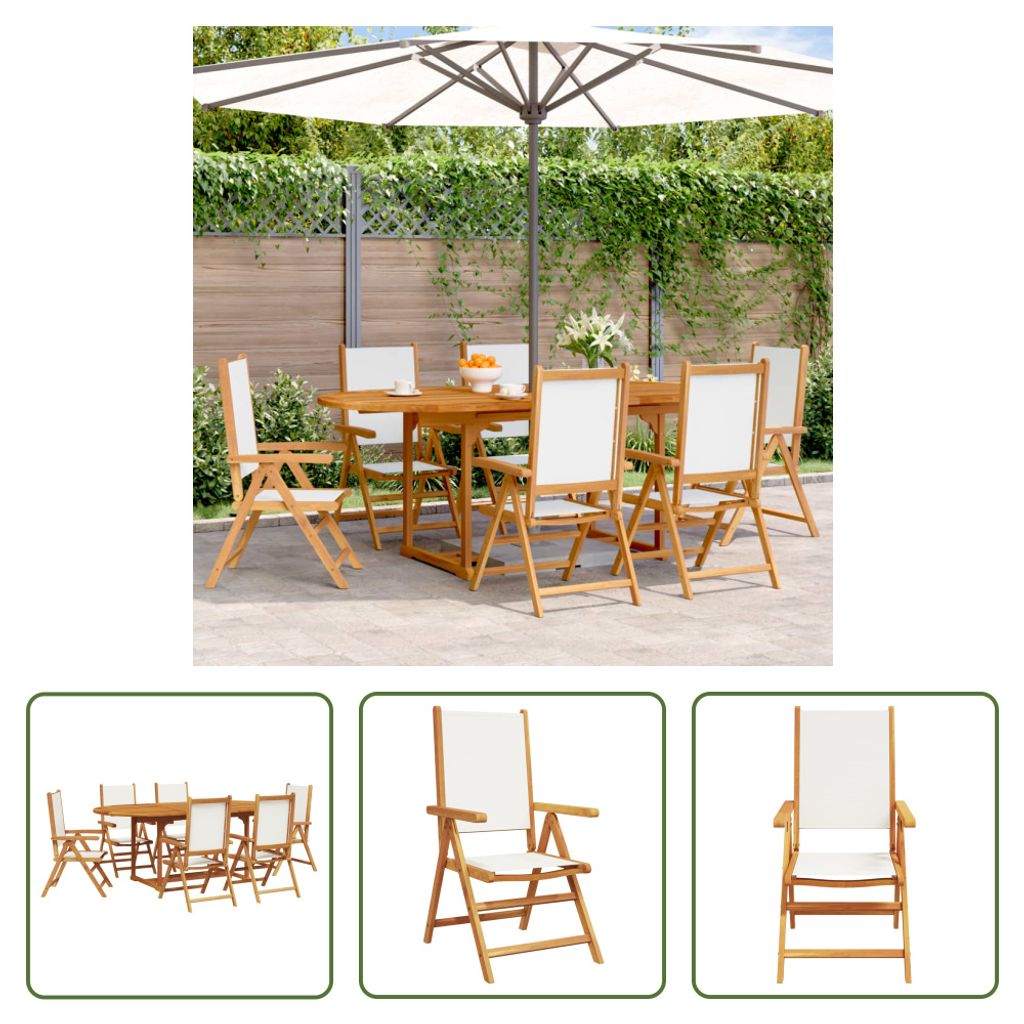 The Living Store 7-tlg. Garten-Essgruppe Stoff und Massivholz Cremeweiß