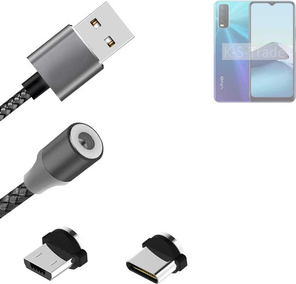 K-S-Trade Hochwertiges Magnet-Lade-kabel Sync-Kabel Daten-Kabel für Vivo Y20s mit USB-Typ-C-Anschluss und Micro-USB-Anschluss 2A bis zu 480mbps