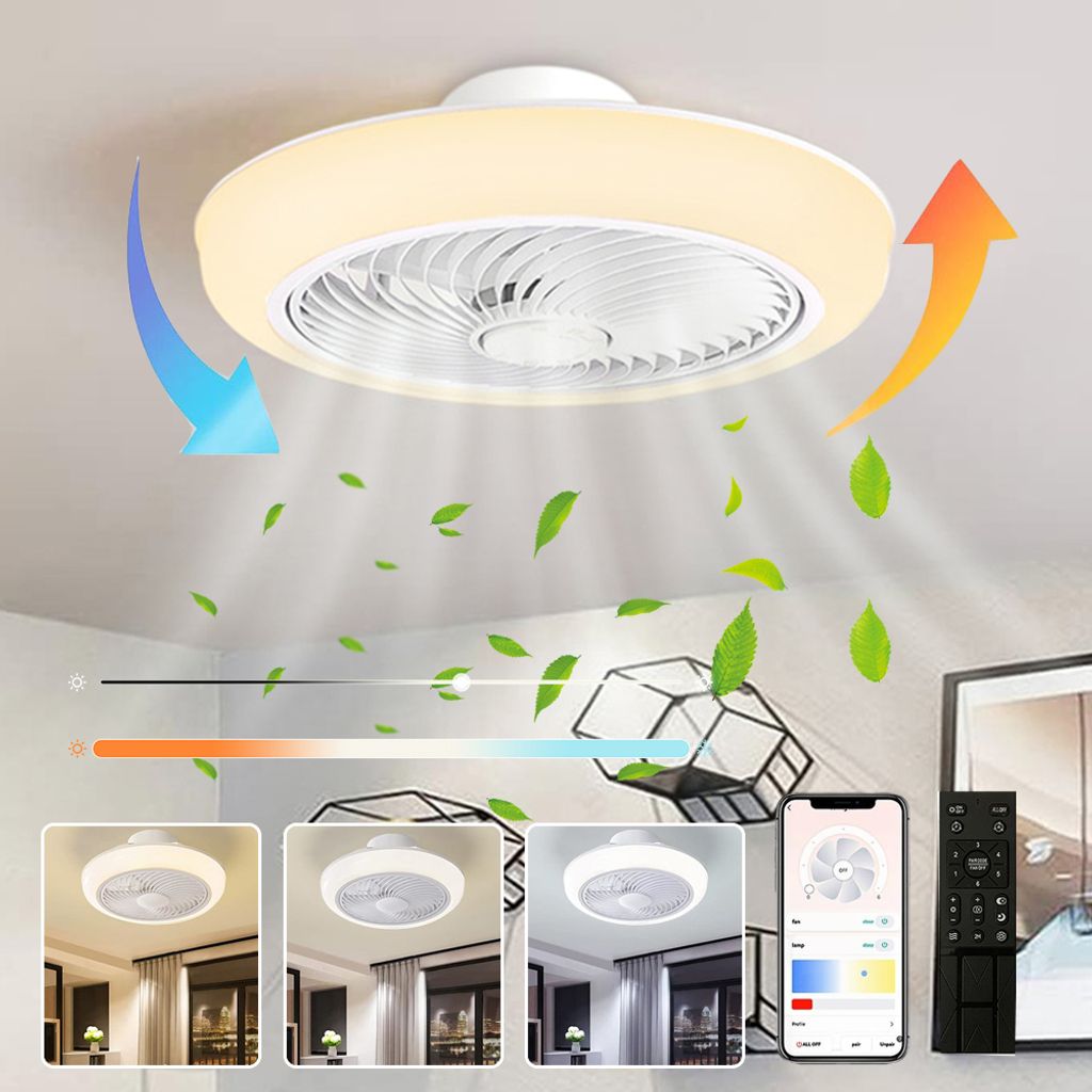 Deckenleuchte mit Ventilator, Leise LED Deckenventilator mit Beleuchtung, App und Fernbedienung Dimmbar, 6-Gang, Timer, 3000K-6000K