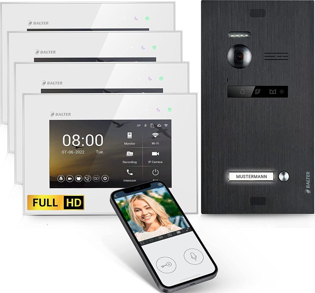 HD Video Türsprechanlage mit Smartphone App für 1 Familienhaus, 4x Monitor, Balter EVO HD WLAN Schwarz