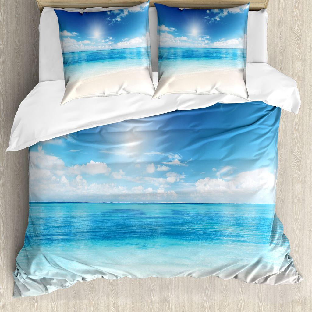 ABAKUHAUS Ozean Bettbezug, Karibik Sommer Meer, Milbensicher Allergiker geeignet mit Kissenbezügen, 200 cm x 200 cm - 80 x 80 cm, Creme Türkis Weiß