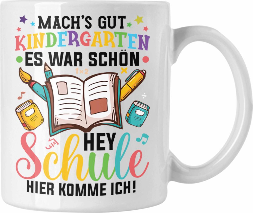 Trendation - Tschüss Kinderkarten Hallo Grundschule Tasse Geschenk zur Einschulung Erster Schultag (Weiß)