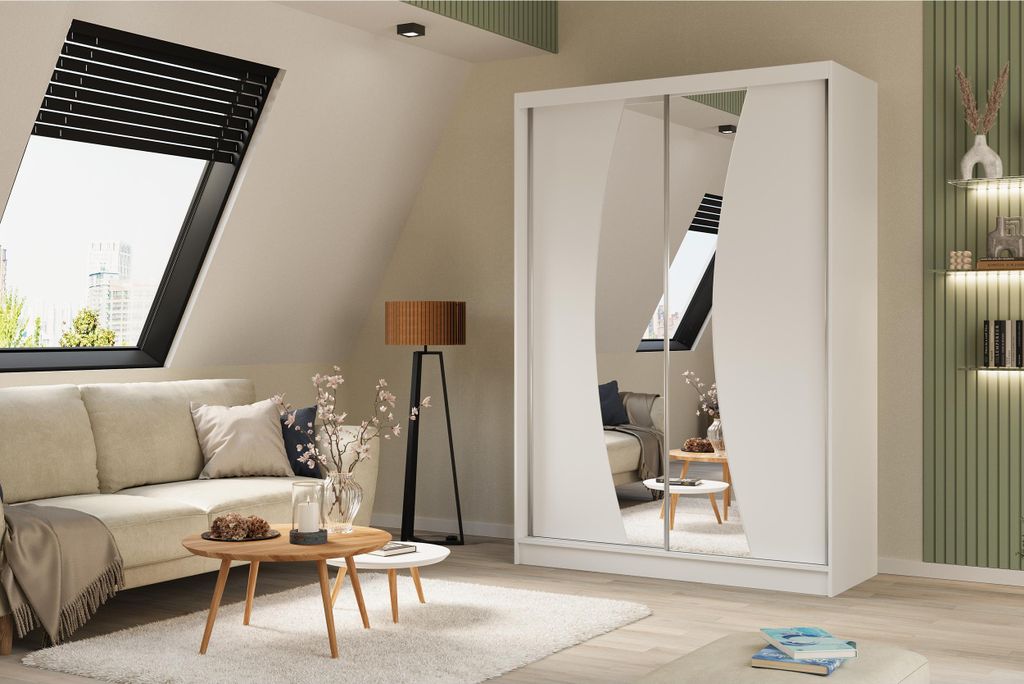 Schiebetürenschrank 150 cm Flow mit dekorativem Spiegel Weißer Kleiderschrank mit Schiebetüren und Spiegel Moderner Kleiderschrank mit Regalen u...