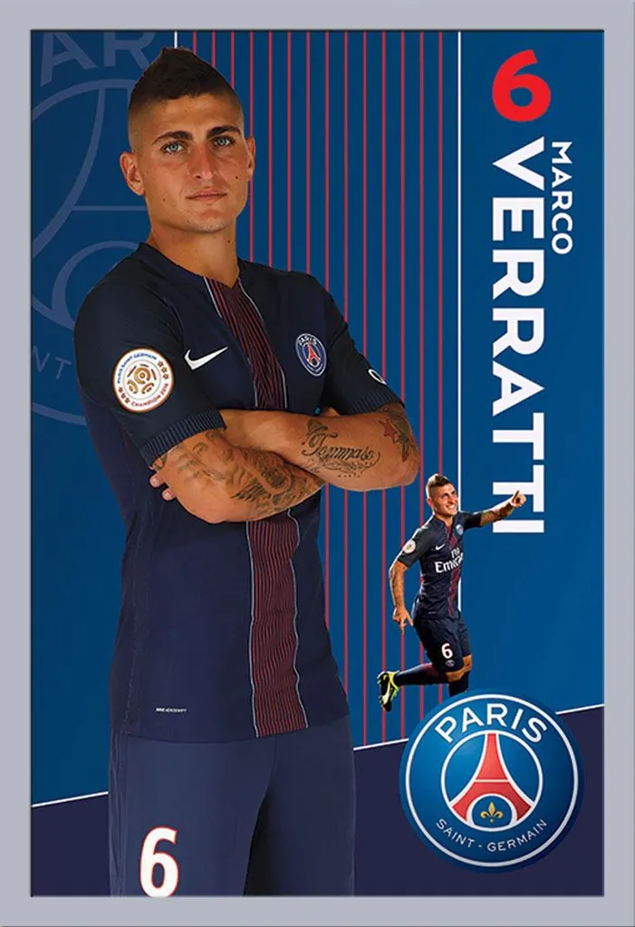 Poster PSG Verratti Encadré Argenté : Vitre Acrylique sans Risque Bris