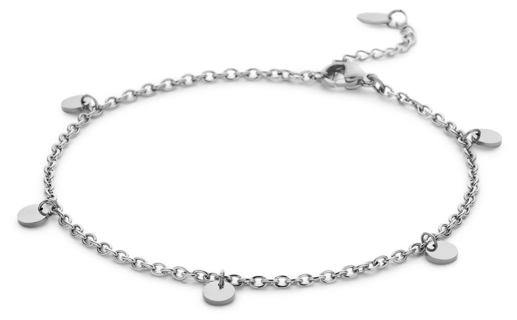 CO88 Collection Fußkettchen mit Anhängern – Kreise – 5 mm – Ankerglied – 2,4 mm – 22+3 cm – Stahl – Silberfarben – 8CA-00011