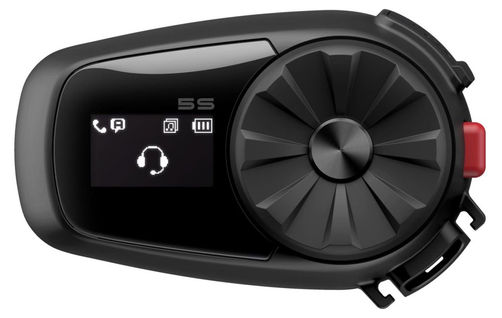 A close-up, studio shot of a black motorcycle communication system with a small screen and a large dial.