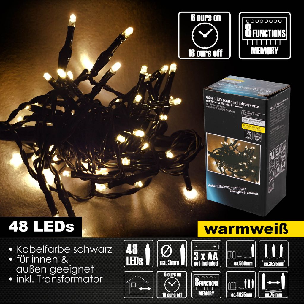 A close-up of a string of warm white LED lights with packaging and feature callouts in the background.