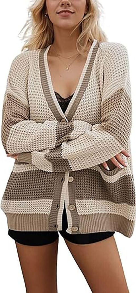 ASKSA Damen Pullover Strickjacken V-Ausschnitt Farbblock Langarm Strick Cardigan Casual Knopfleiste Strickmantel (Khaki,M)