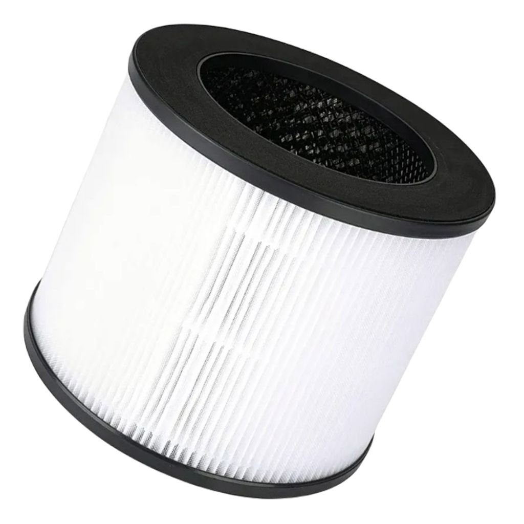 A cylindrical air filter with white pleated material and a black top and bottom rim, isolated on a white background.