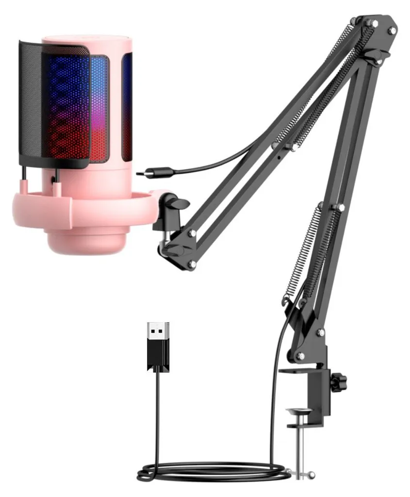 Microphone Gaming Rose USB Anti-Bruit avec Bras Flexible 66cm et Kit RGB
