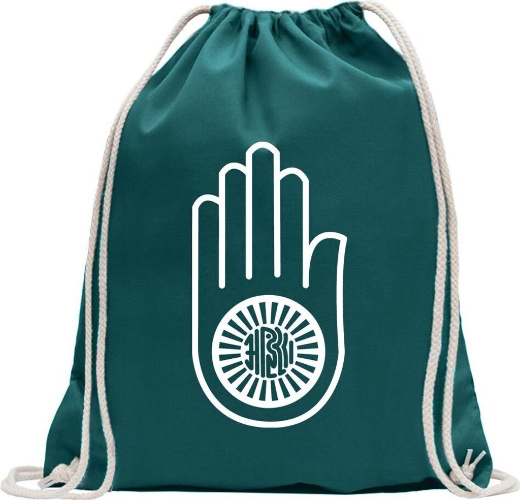 Kiwistar - Turnbeutel - petrol - Jain Hand Ahimsa - Fun Rucksack Sport Beutel Gymsack Baumwolle mit Ziehgurt