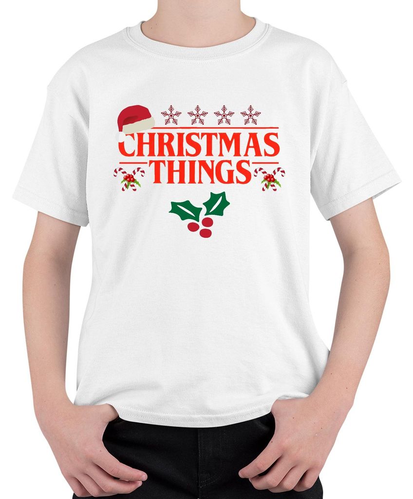 CHRISTMAS THINGS Santa Hut Stranger Demogorgon Weihnachten Serie Uni Kinder T-Shirt, Weiß, 140
