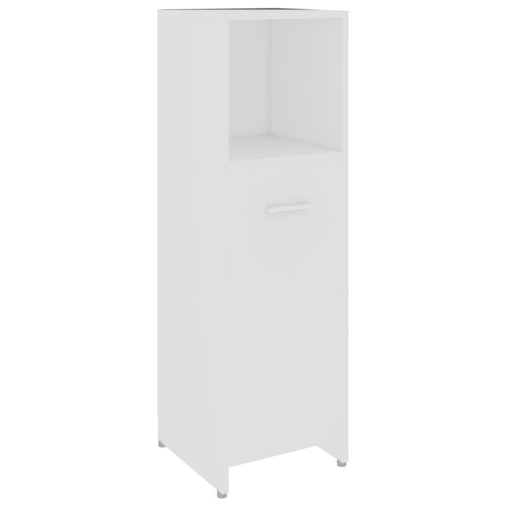 A white tall cabinet with a drawer and an open shelf.