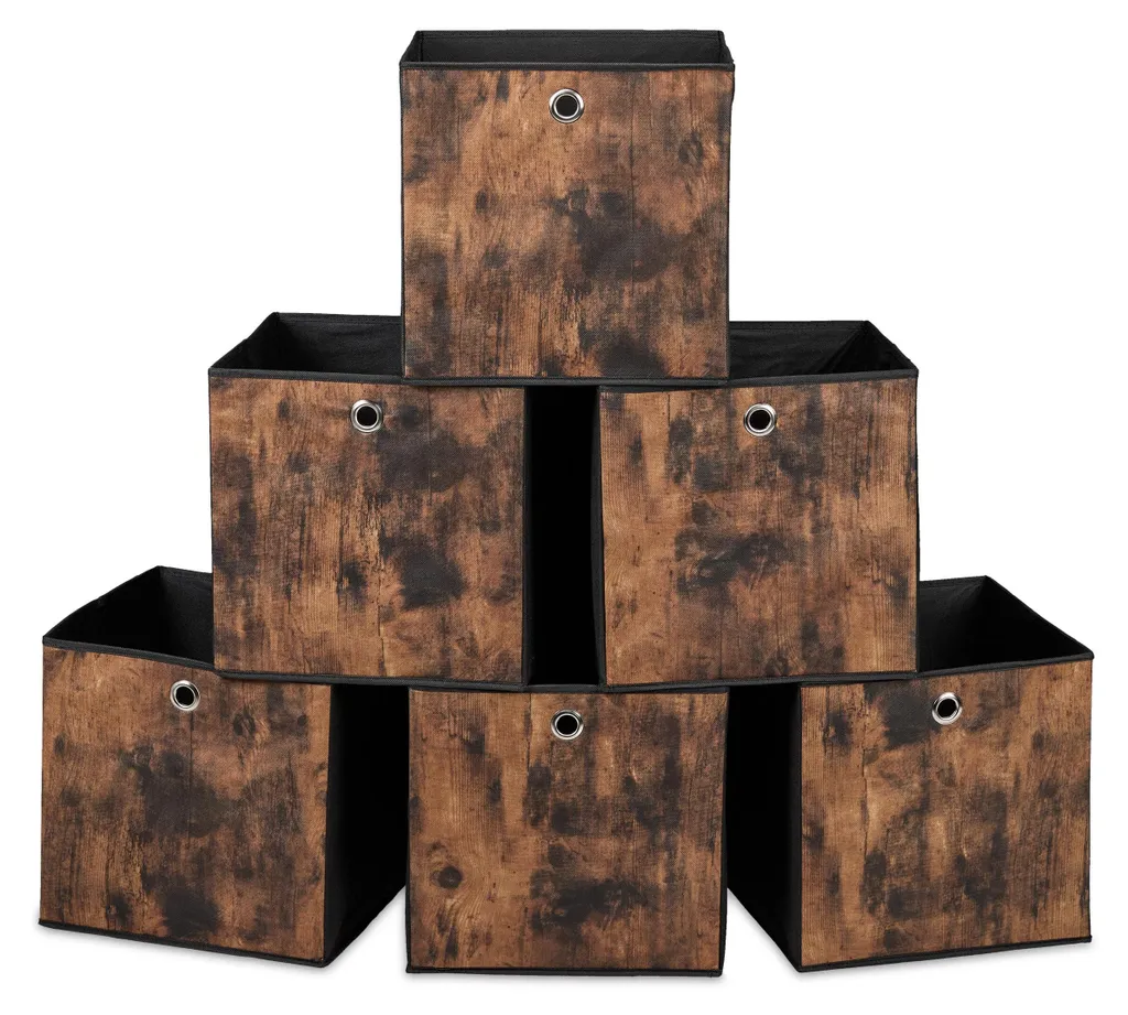 Lot 6 boîtes de rangement pliables en tissu aspect bois 30x30x30 cm