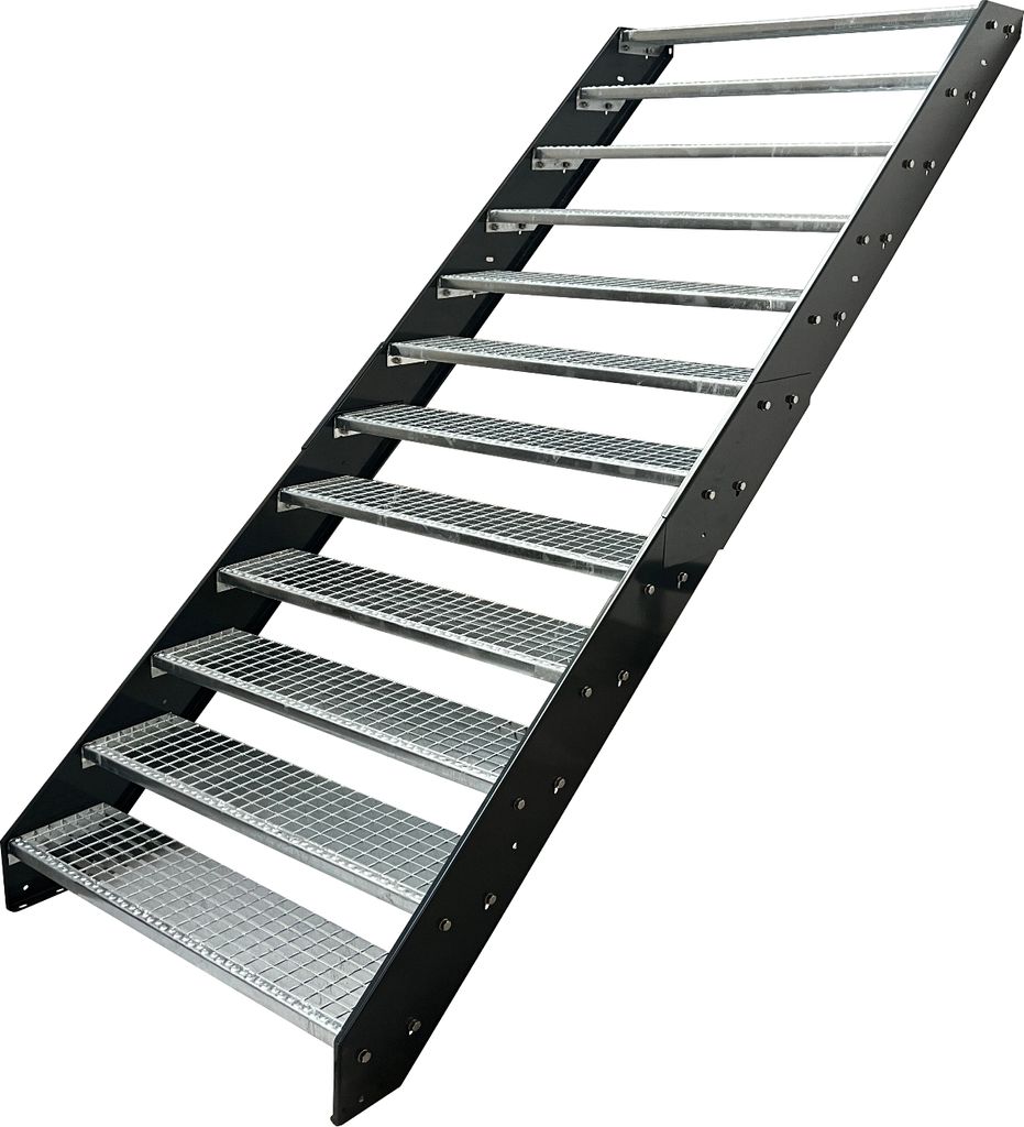 Stahl Wangentreppe Gitterroststufen 12 Stufen - Verzinkt & Anthrazit pulverlackierten Wangen - (B x H x T) 60 x 228 x 234 cm