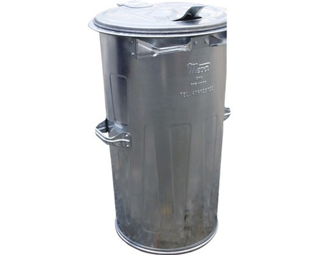 A silver metal trash can with a lid, shown against a white background.