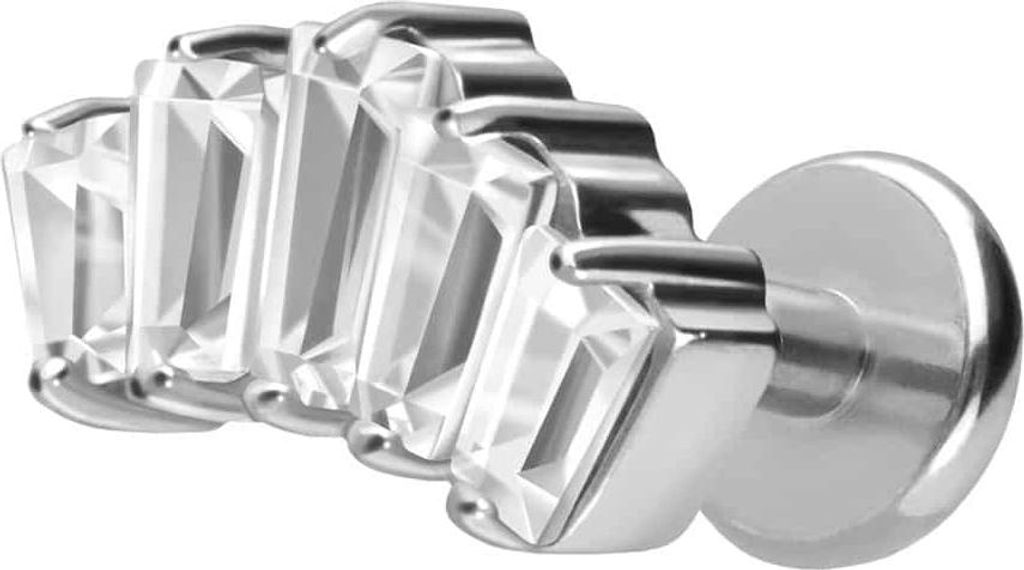 Ohrpiercing, Nasenpiercing Titan Labret mit Push Fit 5 EINGEFASSTE KRISTALLRECHTECKE Silber Stablänge: 5mm | Stabstärke: 1,2mm