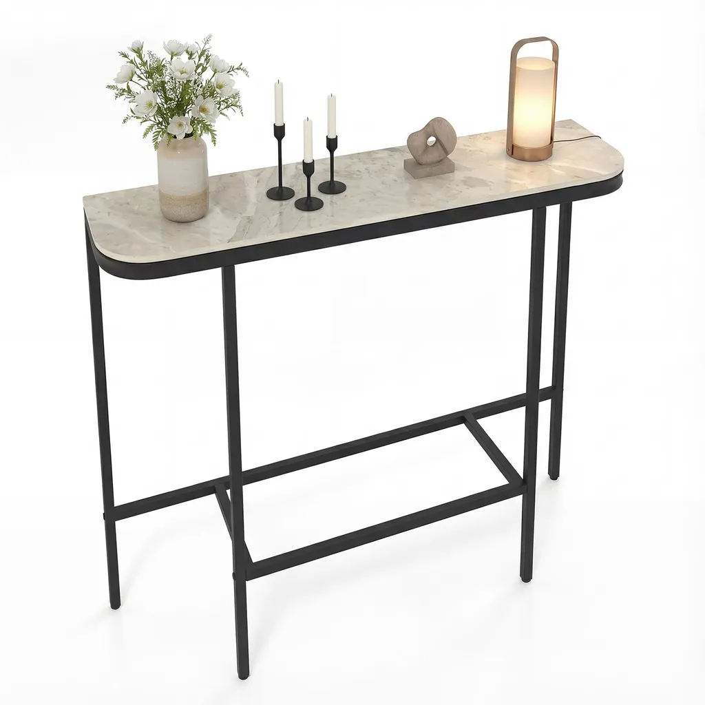 Console design marbre gris 110x30x91cm table haute étroite cadre métal