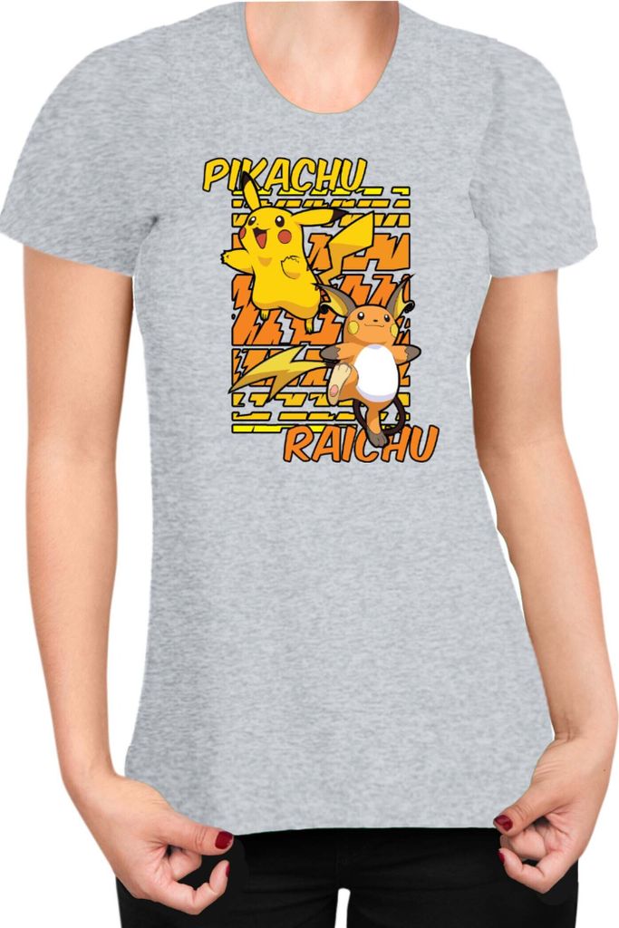 Damen T-Shirt Japan Anime Manga Pokemon Pikachu 01 Pikachu Light, Lady L / Grau