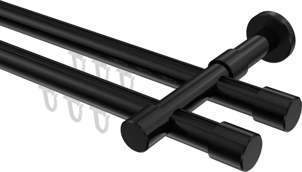 Interdeco Innenlaufstange / Gardinenstange mit Innenlauf Schwarz, Typ Prestige Santo (Kappe), 20 mm Ø 2-läufig, 220 cm