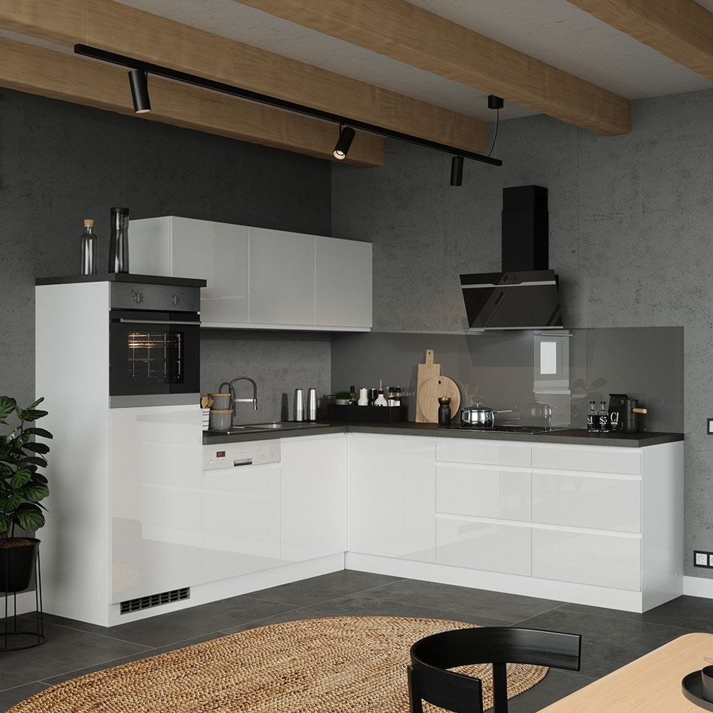 Winkelküche 240/240 cm, inkl. E-Geräte, in Hochglanz weiß, Arbeitsplatte Betonoptik MARSEILLE-03