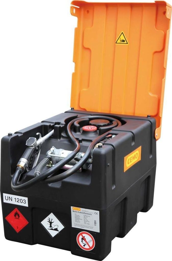 Mobile Benzintankstation, Volumen 190 l, mit Handpumpe, BxTxH 800x600x610 mm, Gewicht 28 kg, mit Klappdeckel