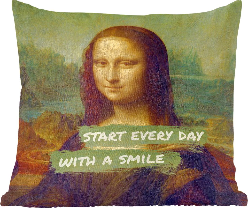 MuchoWow Zierkissen Sofakissen Wohnzimmer Dekokissen 40x40 cm Mona Lisa - Zitat - Da Vinci - Foto Kissen - Schlafzimmer Dekoration