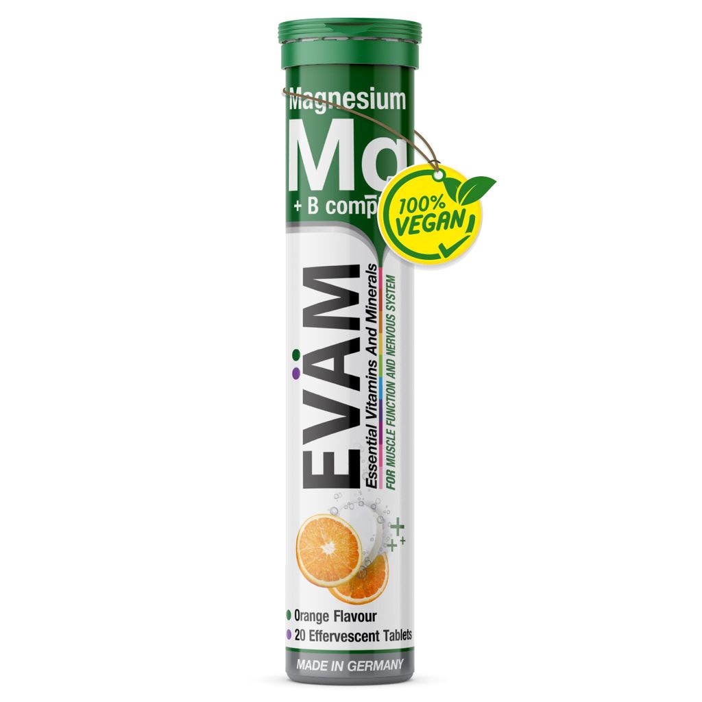 Magnesium + B-Komplex Brausetabletten 20 Stk, für Muskeln, Energie & Nerven, Orange, vegan und ohne Zuckerzusatz, EVÄM